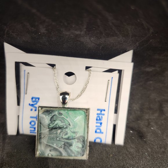 Handmade Glass Medallion Pendant 1" Square (925) Silver 20 in. Chain Necklace - Picture 1 of 11